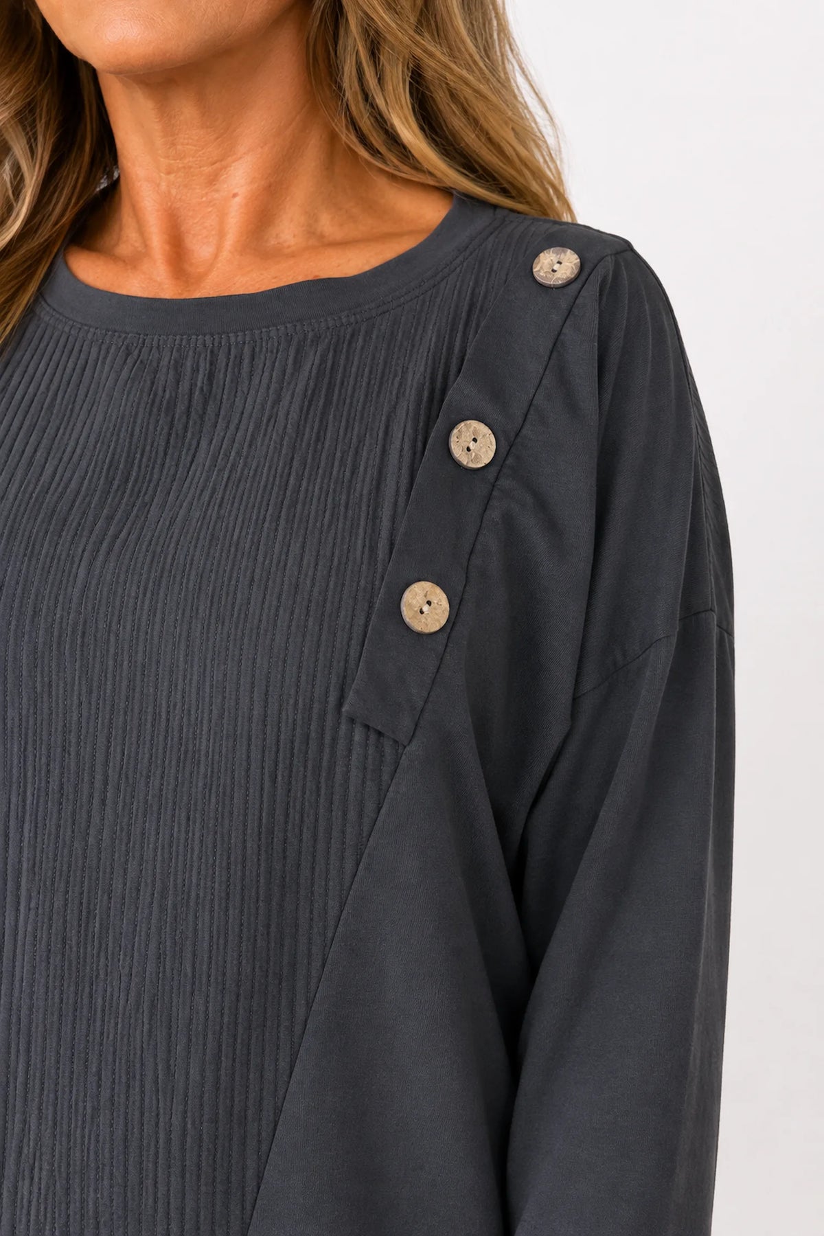 Cotton Button Detail Ezra Top - Charcoal