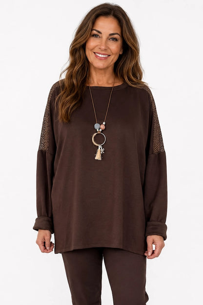 Roxanne Mesh Detail Necklace Top - Chocolate
