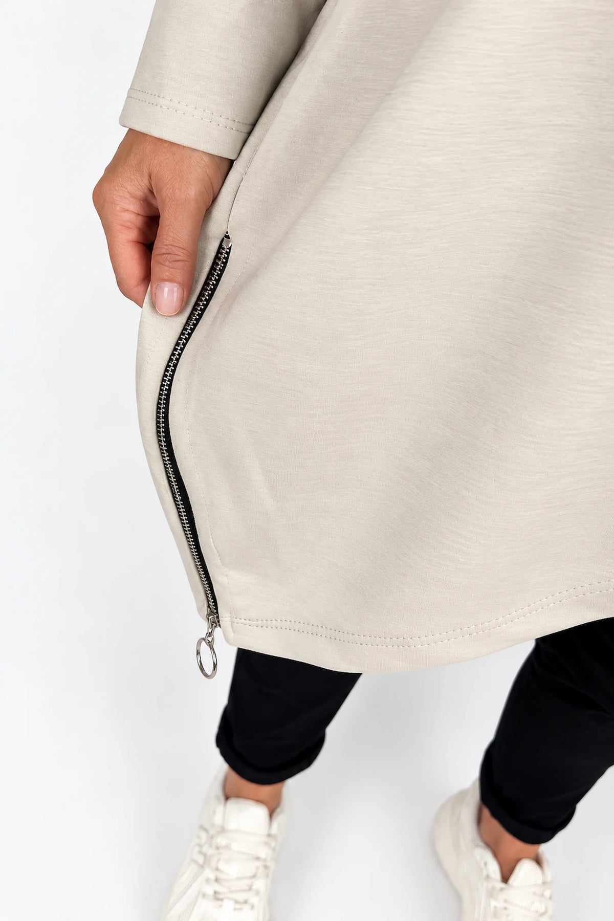 Zipped Hem Badge Detail Double Pocket Lorrie Top - Beige