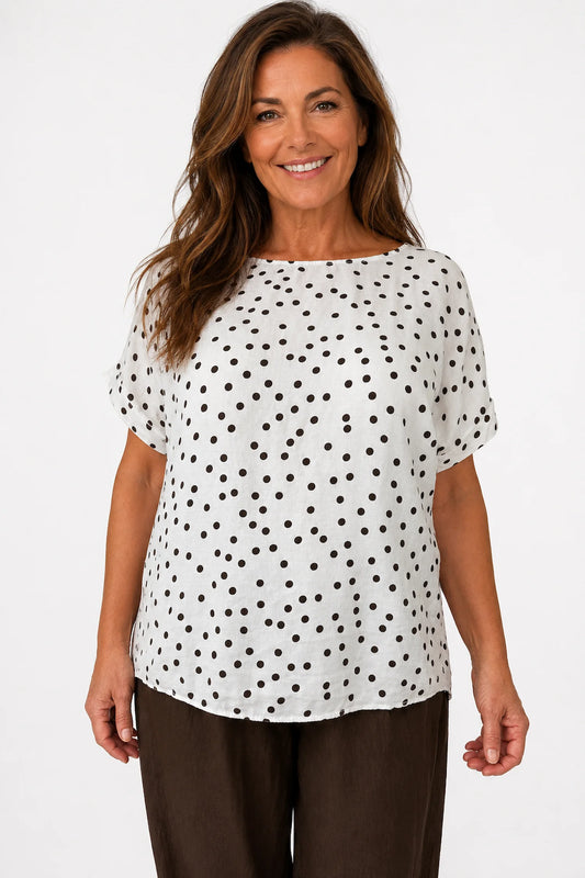 Button Back Polka Dot Maggie Top - White/Chocolate