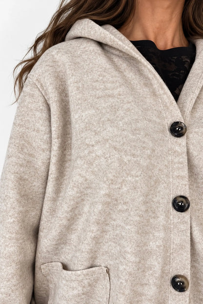 Wool Mix Brushed Double Patch Pocket Italia Button Hooded Coat - Fleck Beige