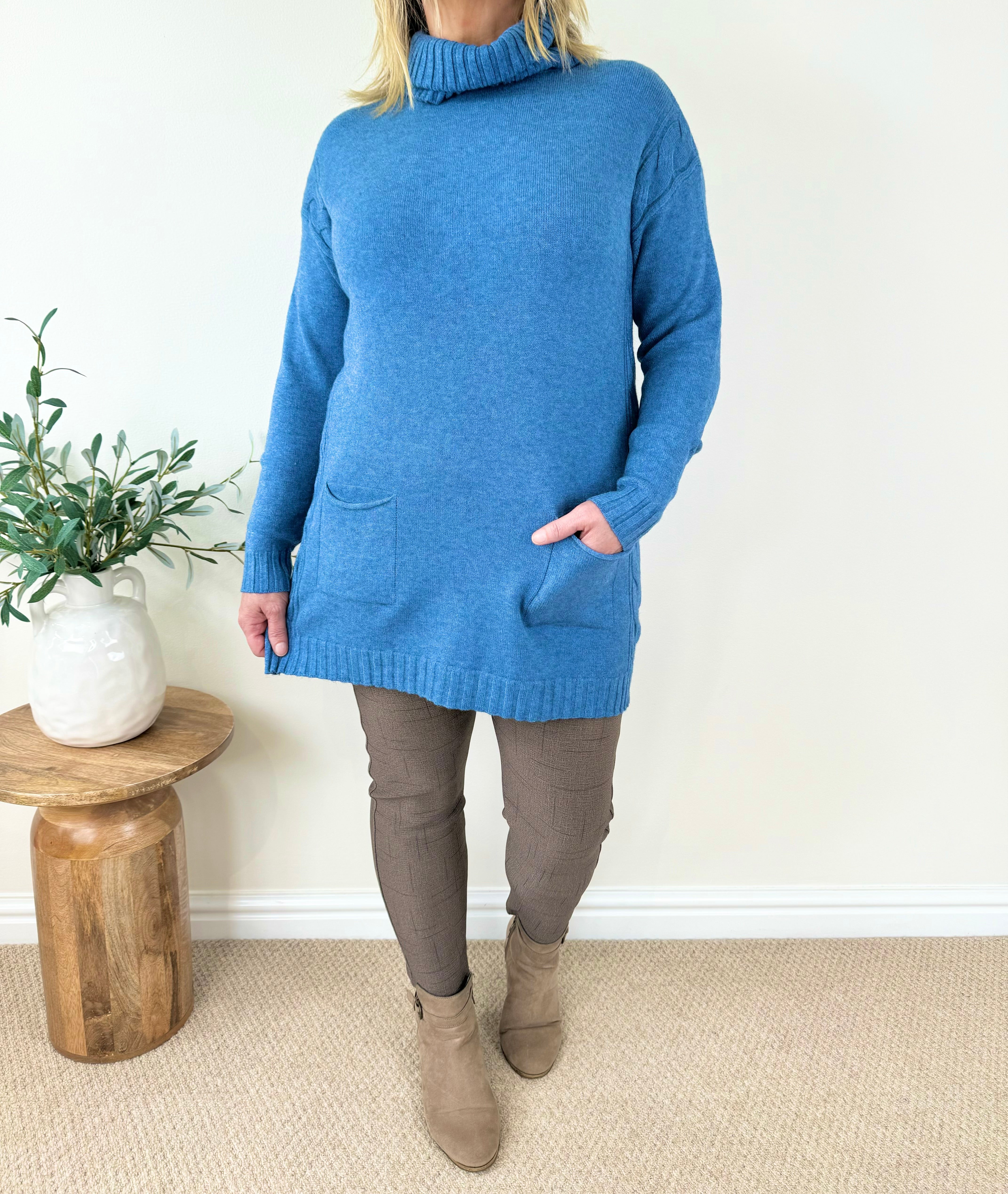 Cosy Knit Double Pocket Roll Neck Jumper