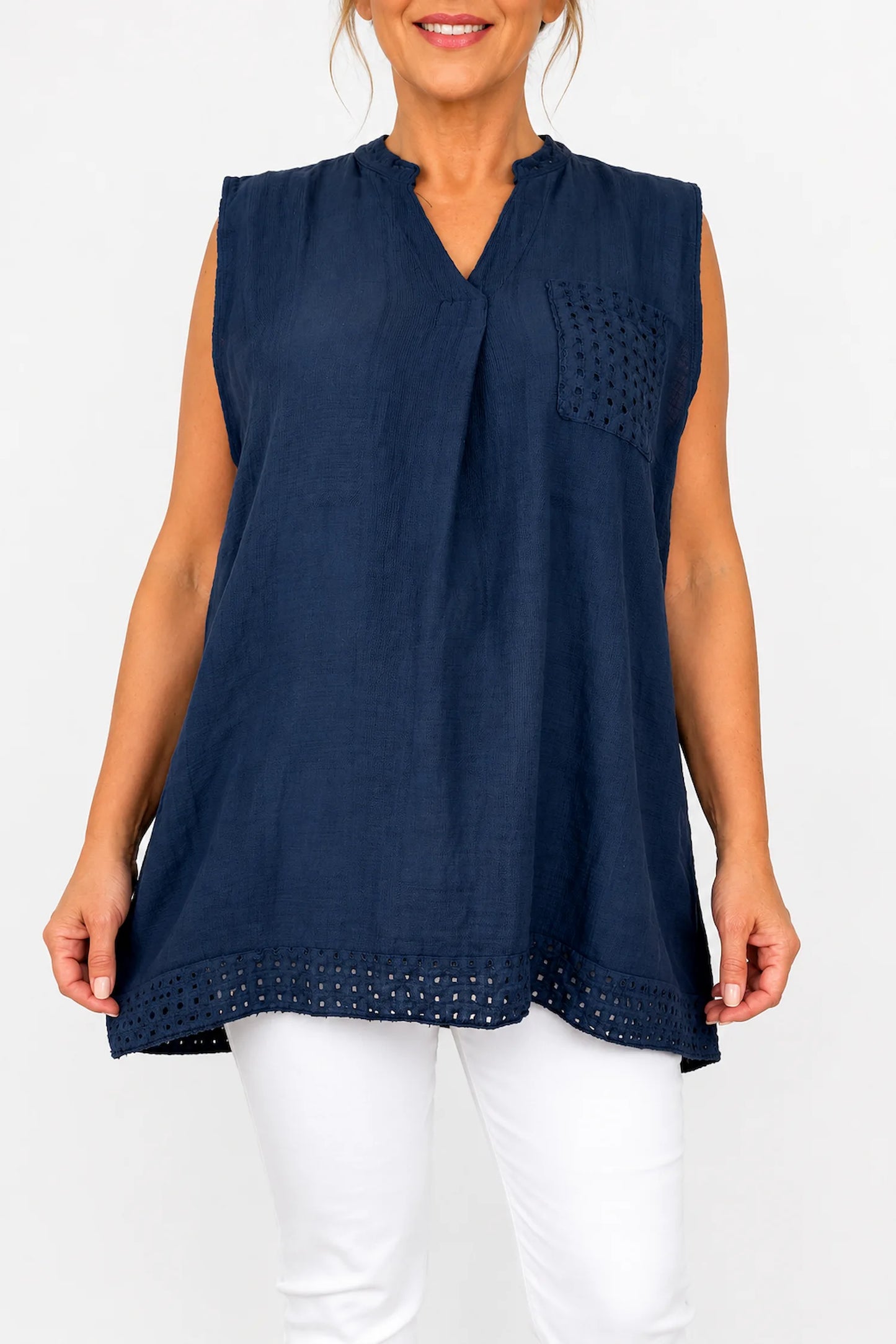 Pure Cotton Mesh Detail Rosetta Pocket Cap Sleeve Top - Navy