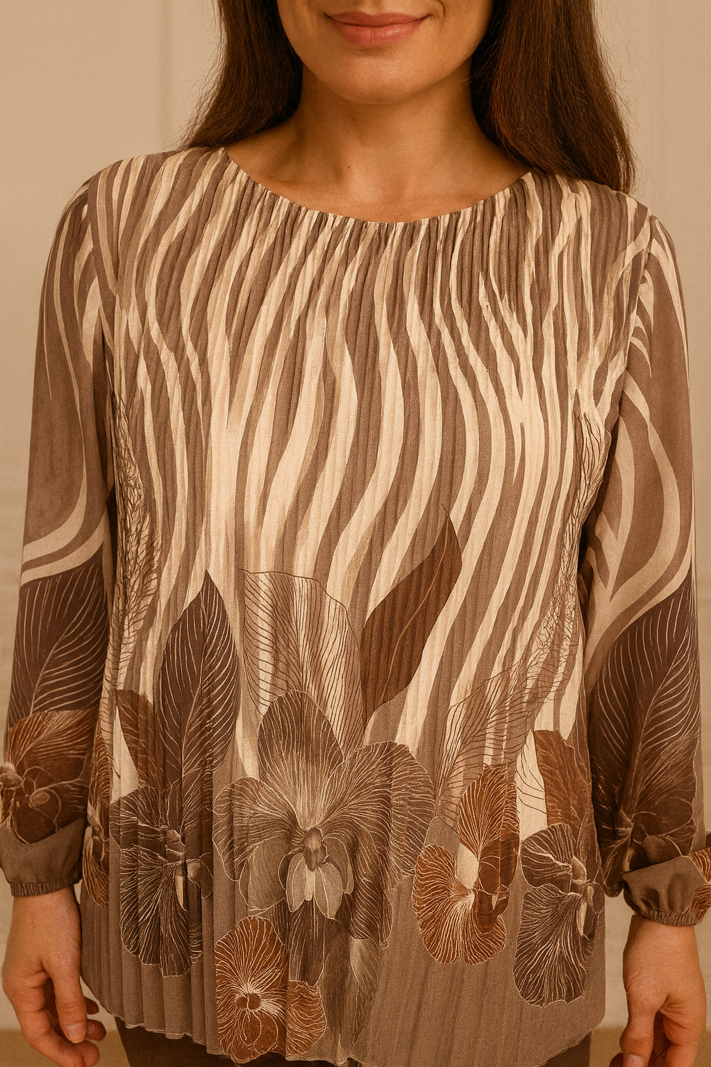 Fully Lined Pleated Valencia Top - Mocha