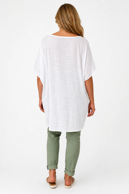 Pure Cotton Double Pocket Coté Tunic Top - White