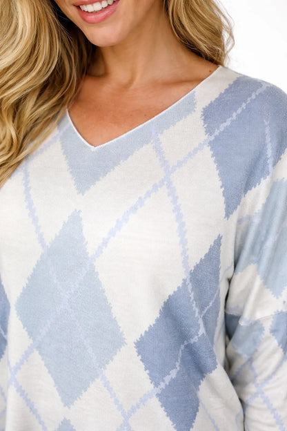 Wool Mix Spring Knit Argyle Florence Top - Ivory/Soft Denim
