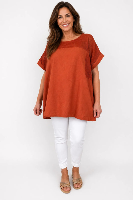 Linen Cotton Mix Mesh Detail Amalfi Pocket Top - Spice Terracotta