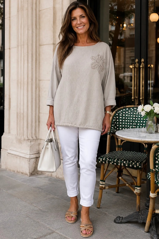 Cotton Embroidered Floral Tied Hem Flerissa Top - Beige