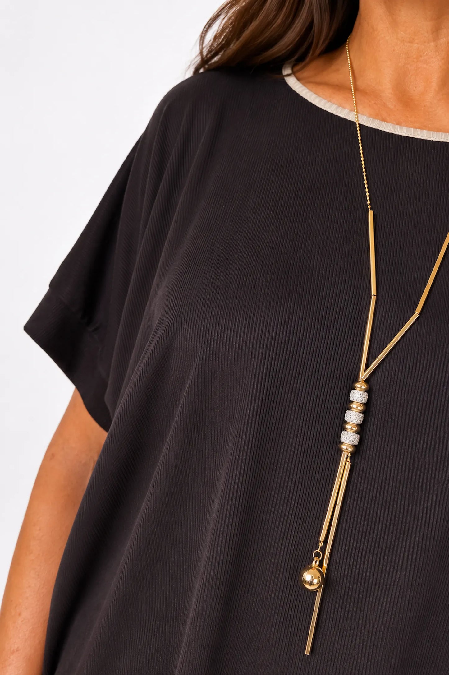 Fine Ribbed Gold Trim Sophia Necklace Top - Chocolate