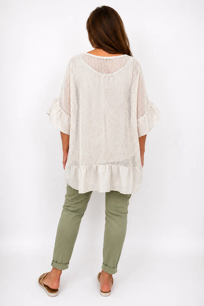 Amari Pure Cotton Frill Sleeve/Hem Mesh Top - Beige