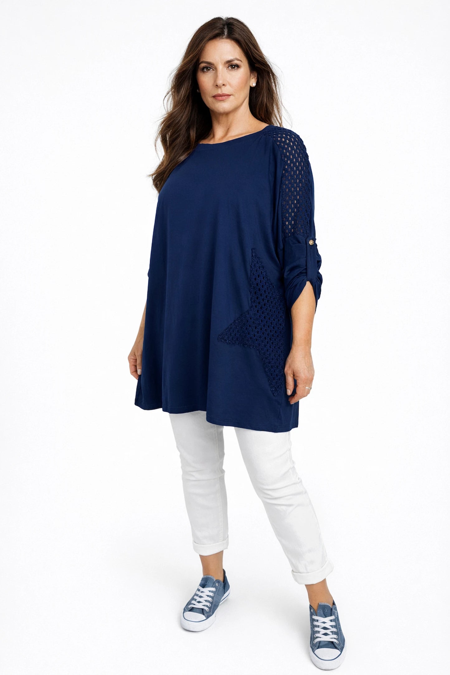 Cotton Crochet Detail Charmaine Button Sleeve Top - Navy