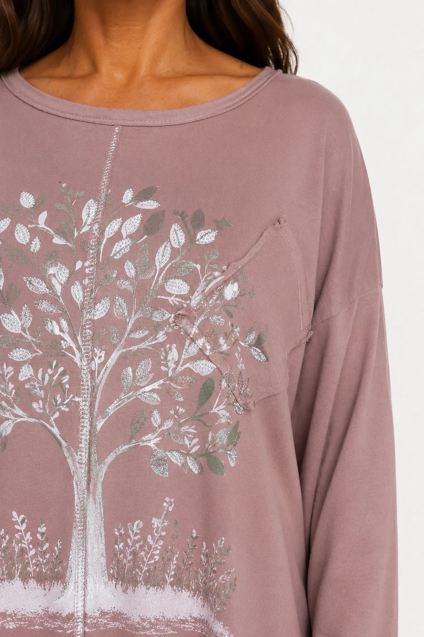 Cotton Diamanté Florence Tree Pocket Detail Tied Side Top - Rosewood Pink
