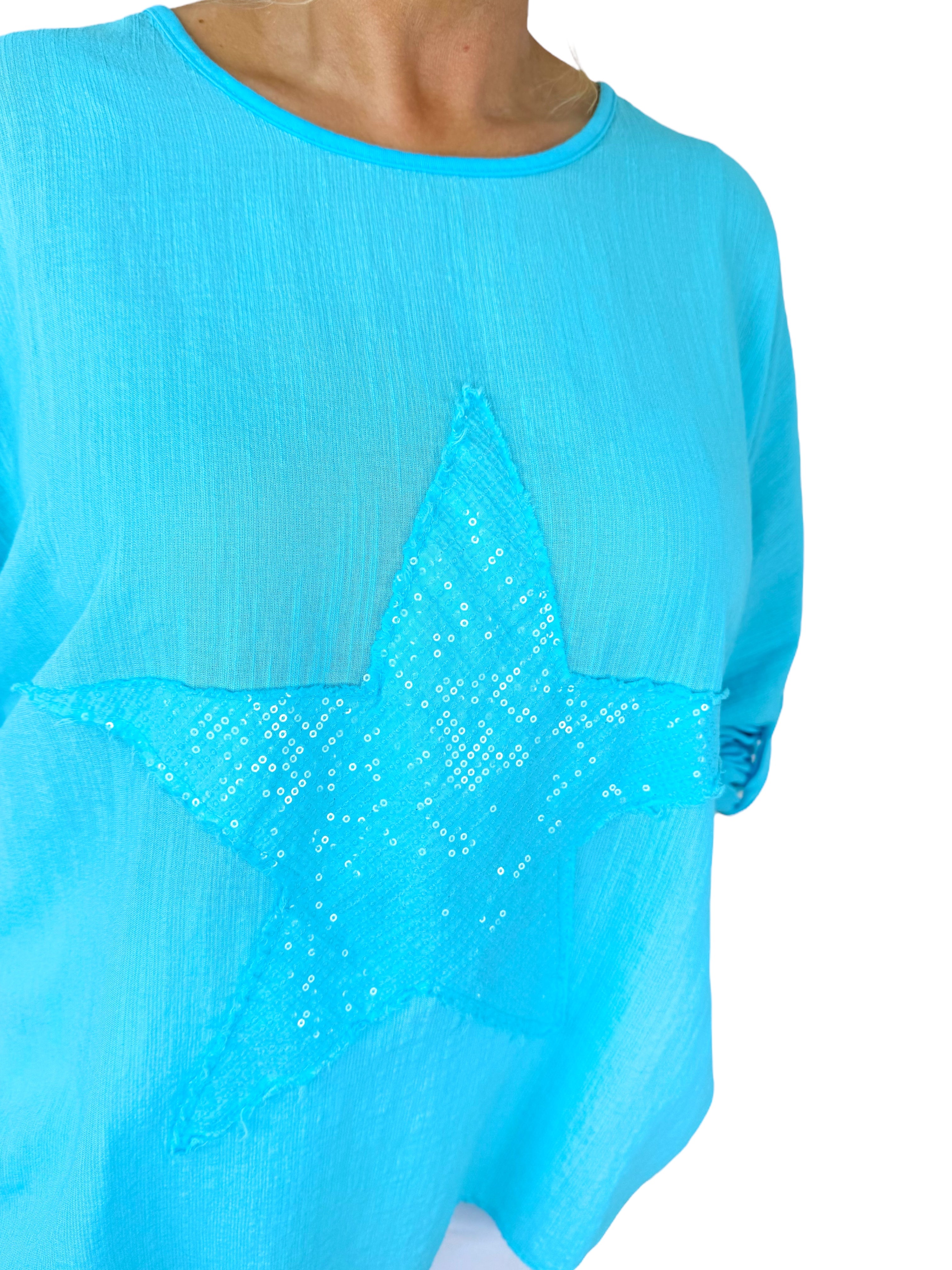 Cotton Sparkle Star Siana Button Sleeve Batwing Top - Turquoise