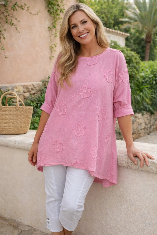 Linen Cotton Mix Embroidered Flower Capri Top - Baby Pink