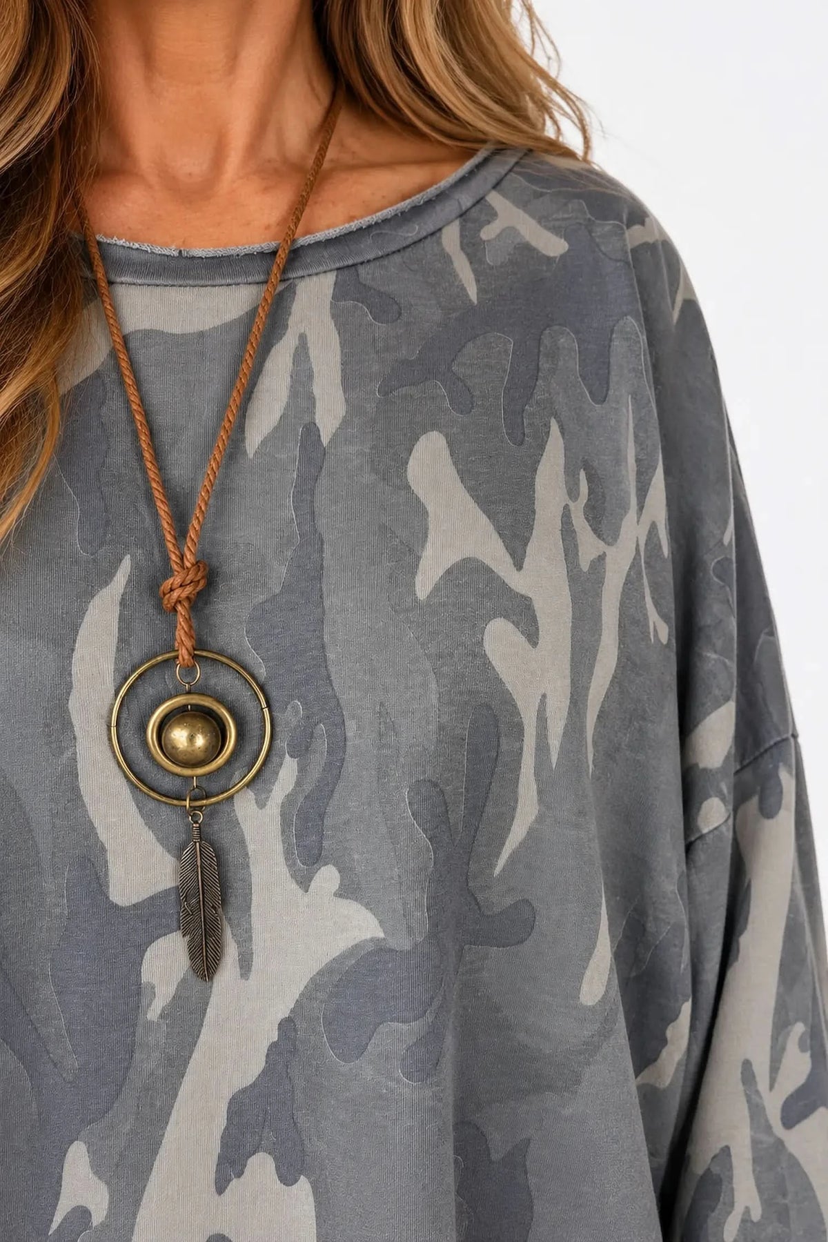 Cotton Raw Edge Hem Catia Camo Necklace Top - Dusty Grey