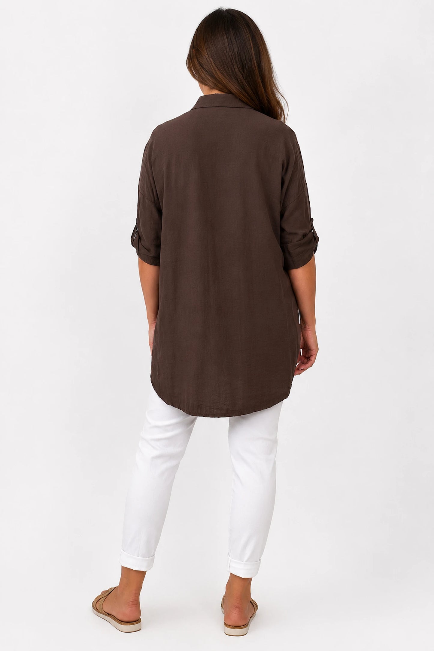 Premium Stitch Diamanté Button Sleeve Michaela Shirt - Chocolate