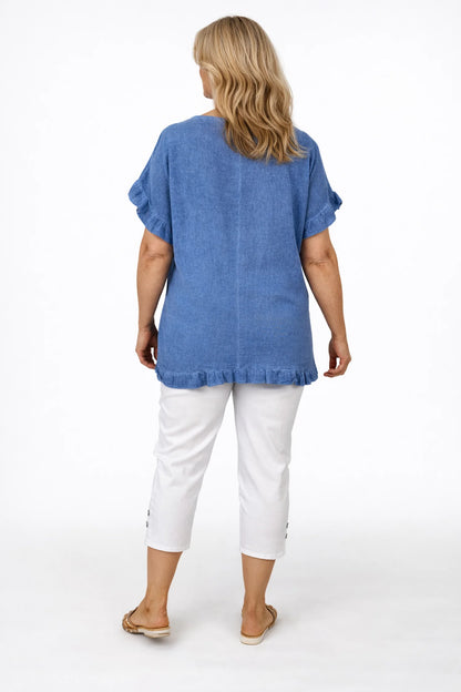 Linen Cotton Mix Frill Sleeve And Hem Iris Necklace Top - Washed Denim