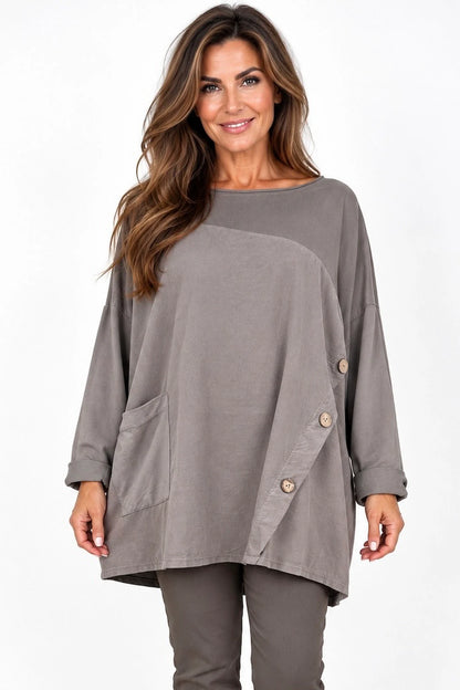 Cotton Fine Needlecord Patch Button Detail Fern Pocket Top - Mocha