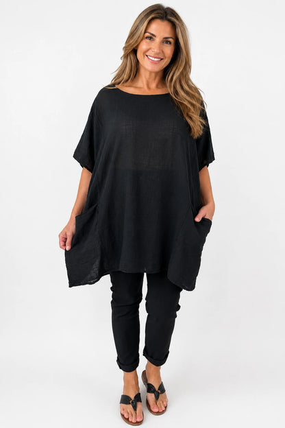 Pure Cotton Double Pocket Coté Tunic Top - Black
