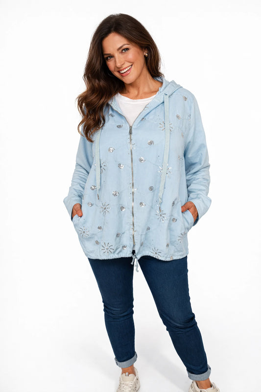 Cotton Sequin Floral Embroidery Double Pocket Zipped Siena Drawstring Hem Hoodie - Baby Blue
