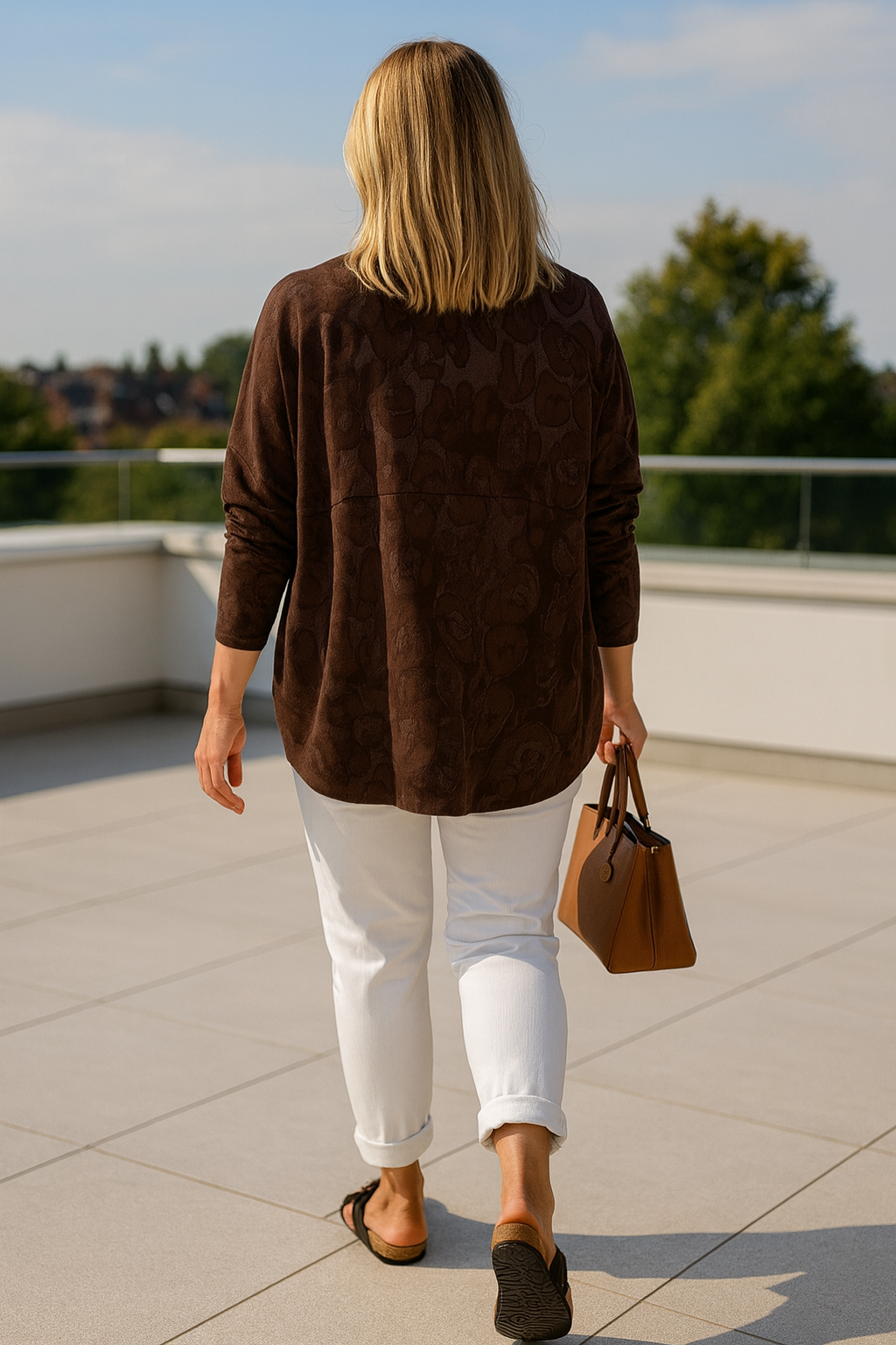 Pure Cotton Leopard Print Rivia Badge Detail Raw Edge Hem Sweatshirt - Chocolate