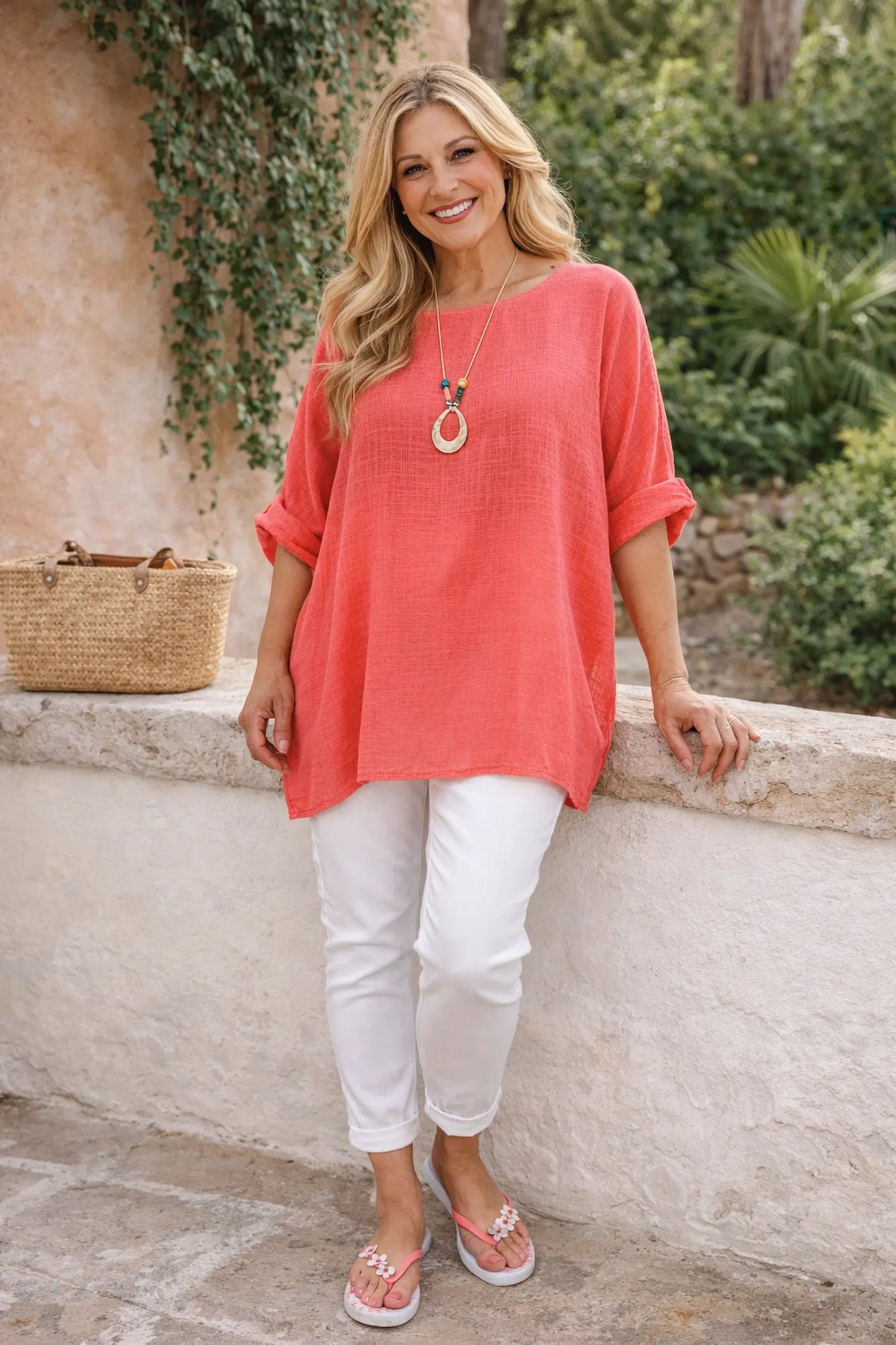 Pure Cotton Linen Look Italia Necklace Top - Coral