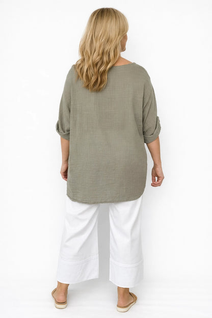 Pure Cotton Linen Look Italia Necklace Top - Mocha