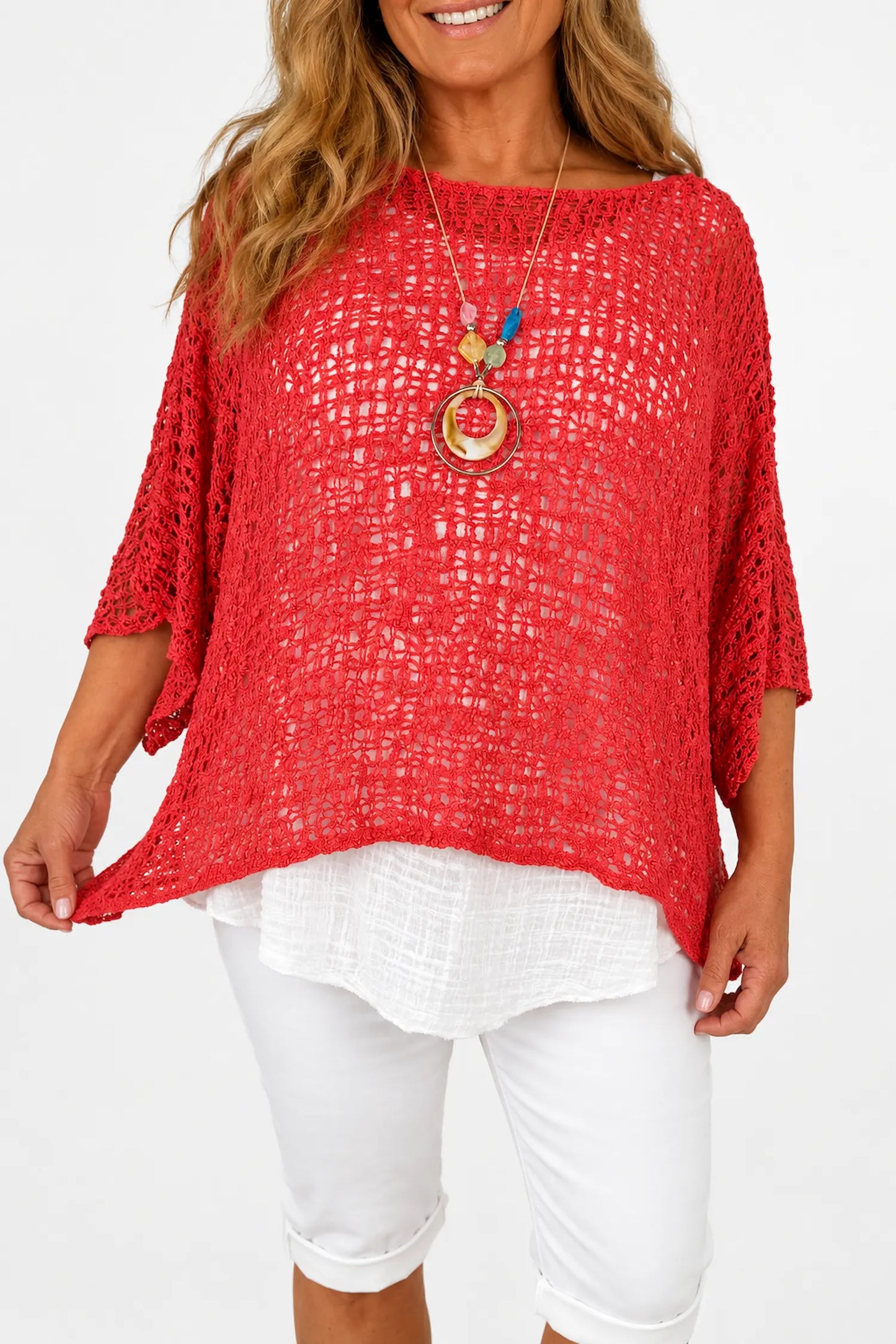 Amelia Ikat Premium Stitch Batwing Crochet - Coral