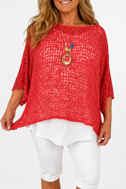 Amelia Ikat Premium Stitch Batwing Crochet - Coral