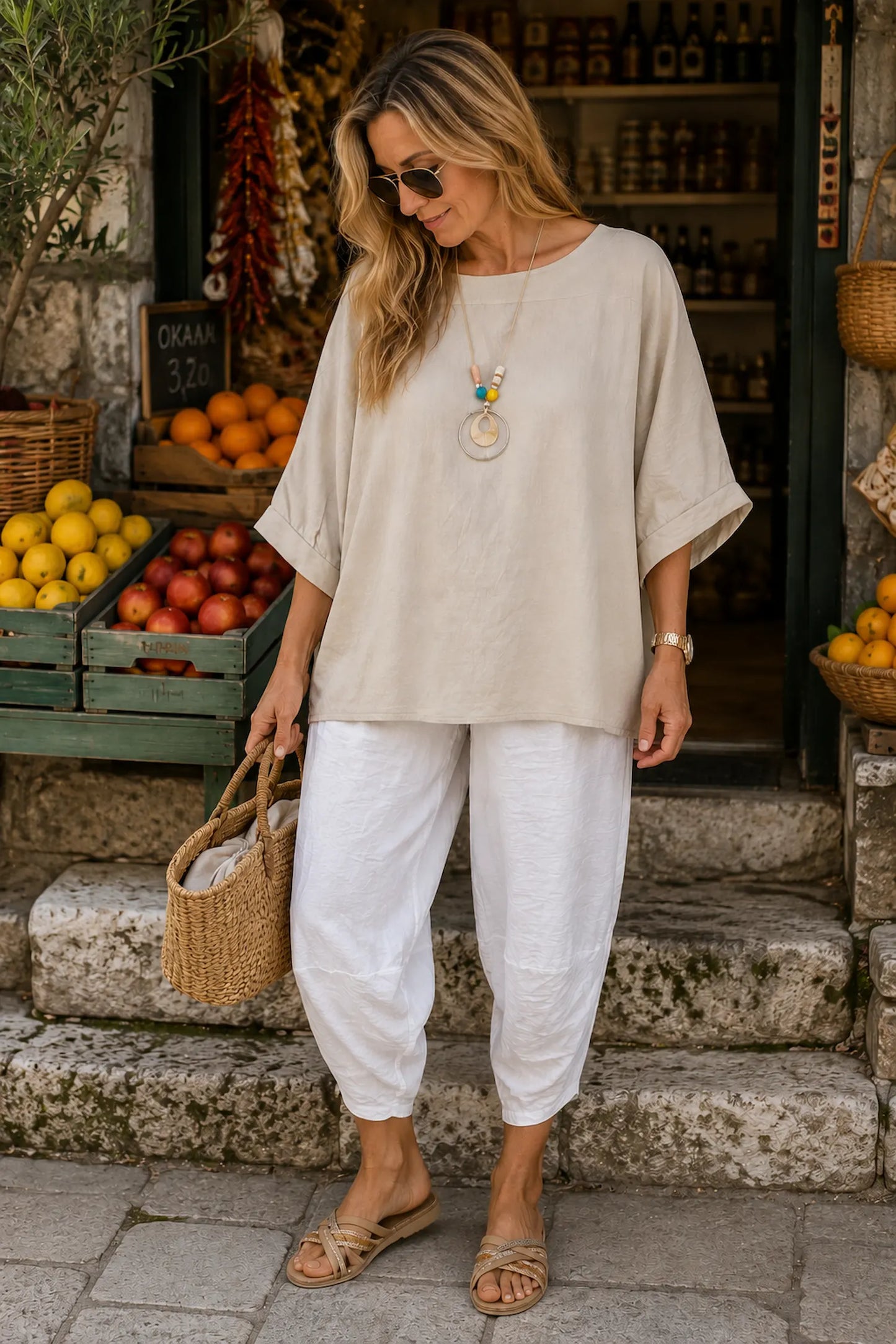Relaxed Oversized Summer Flow Necklace Top - Beige