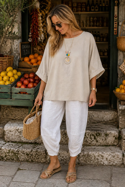 Relaxed Oversized Summer Flow Necklace Top - Beige