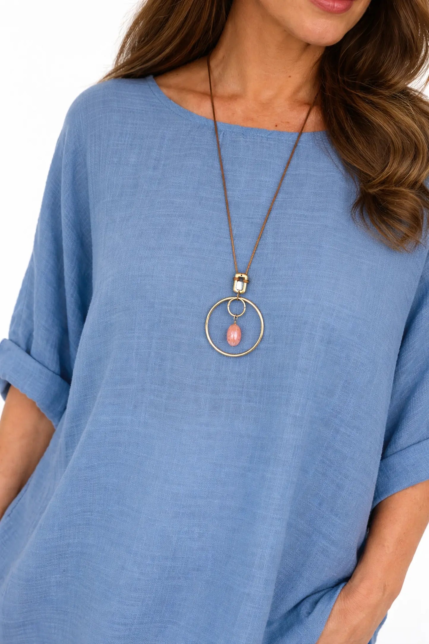Pure Cotton Linen Look Italia Necklace Top - Denim