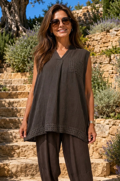 Pure Cotton Mesh Detail Rosetta Pocket Cap Sleeve Top - Chocolate