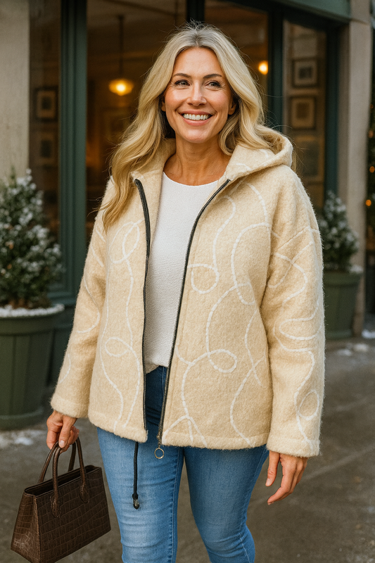 Wool Mix Embroidered Cara Double Pocket Zip Hooded Jacket - Beige