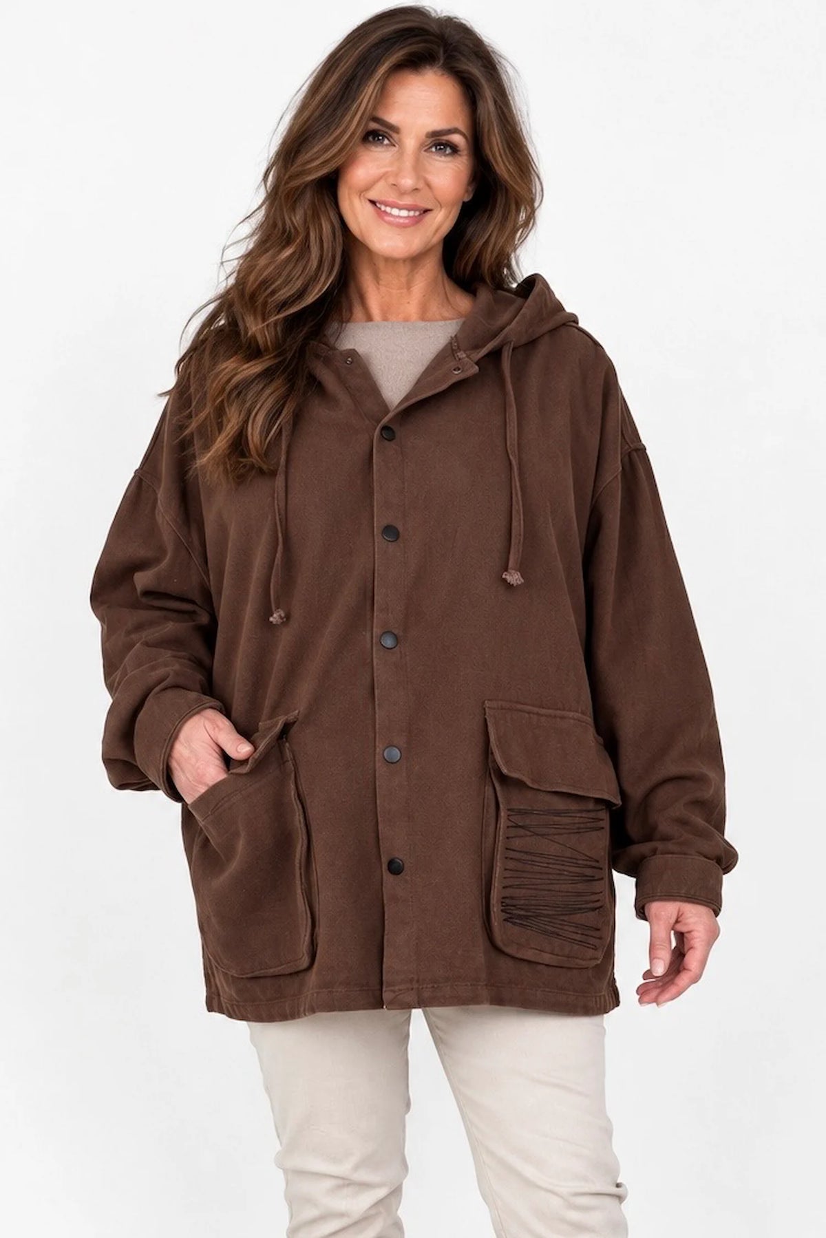 Pure Cotton Double Pocket Button Hooded Tiana Jacket - Chocolate