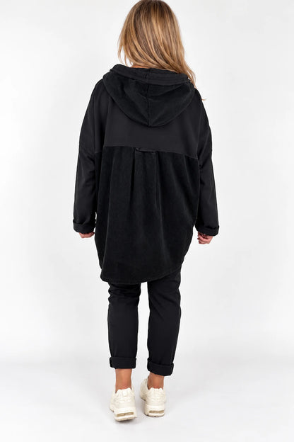 Pure Cotton Cord Patch Pocket Connie Button Hooded Jacket - Black