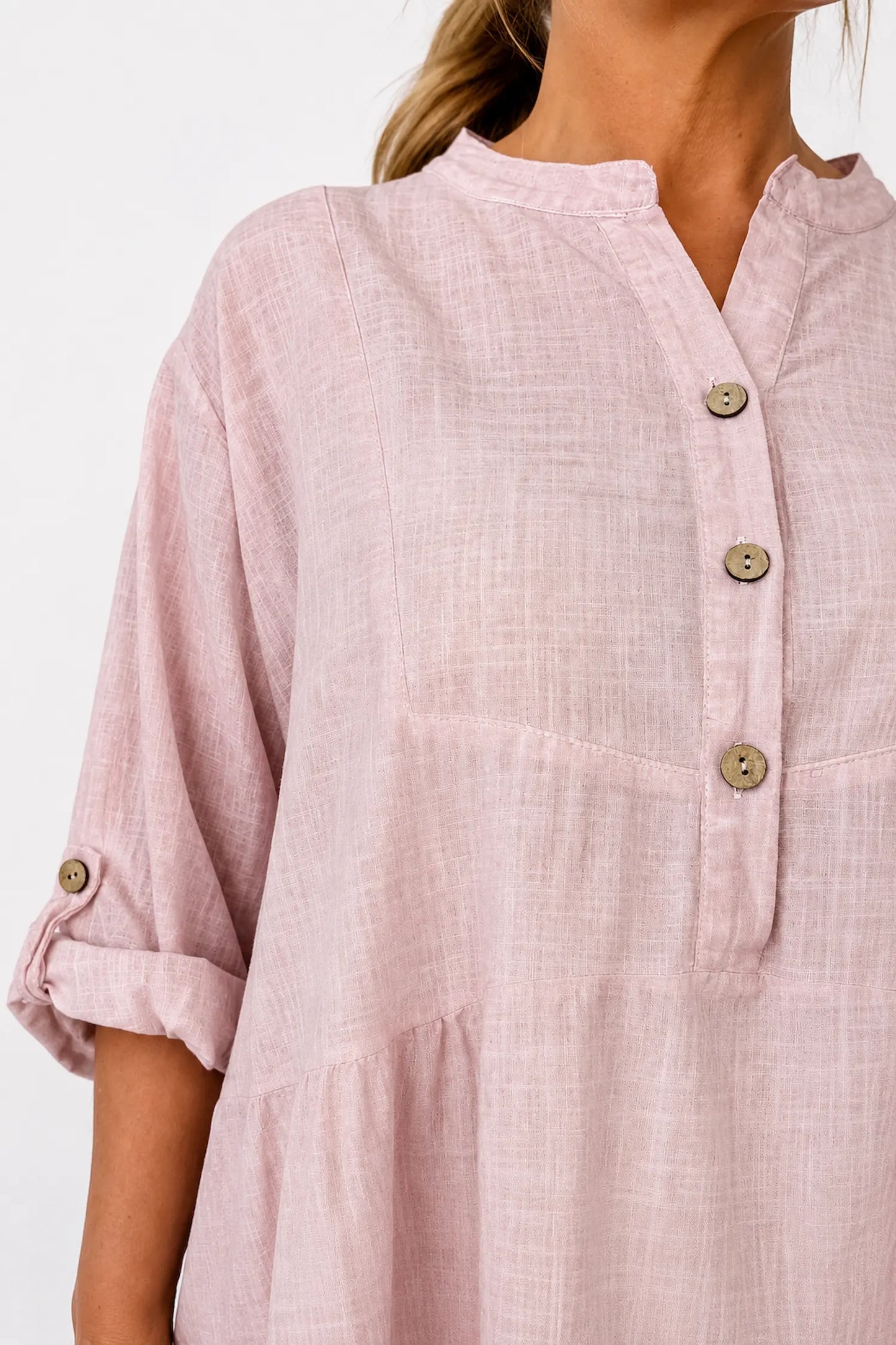 Linen Cotton Blend Button Sleeve Monica Button Shirt - Rosewood Pink