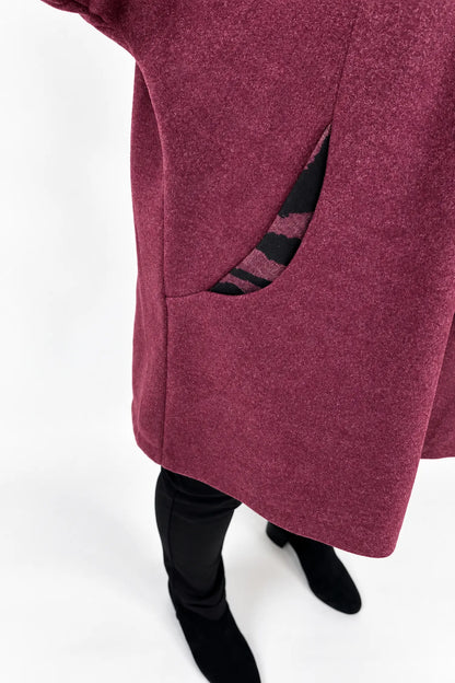 Double Pocket Zipped Contrast Animal Print Lined Valentina Brushed Hooded Coat - Italia Wine