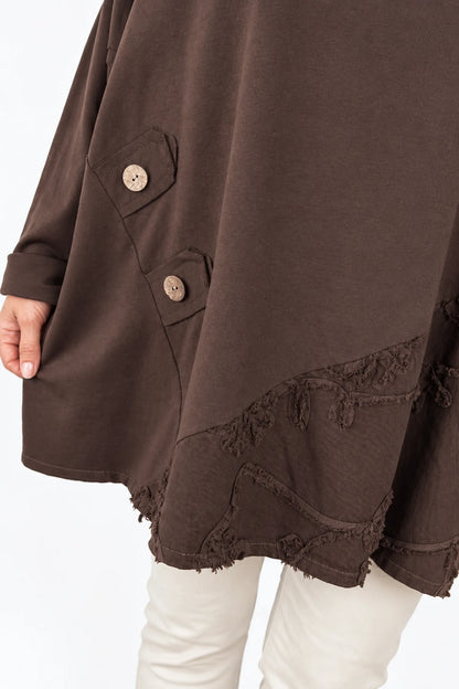 Cotton Button Detail Embroidery Anglaise Needlecord Hem Italia Top - Chocolate