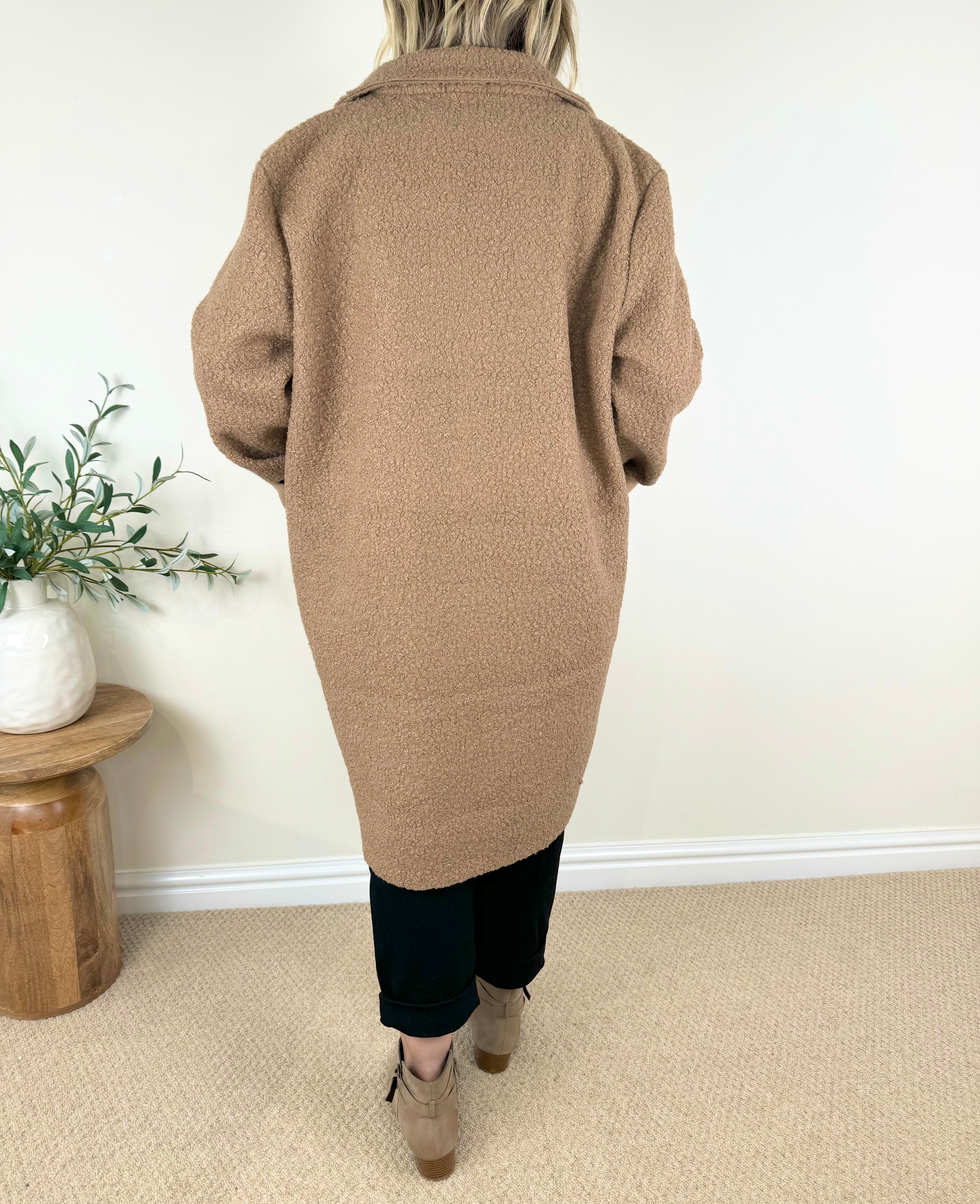 Wool Mix Long Line Double Pocket Teddy Button Coat AW24