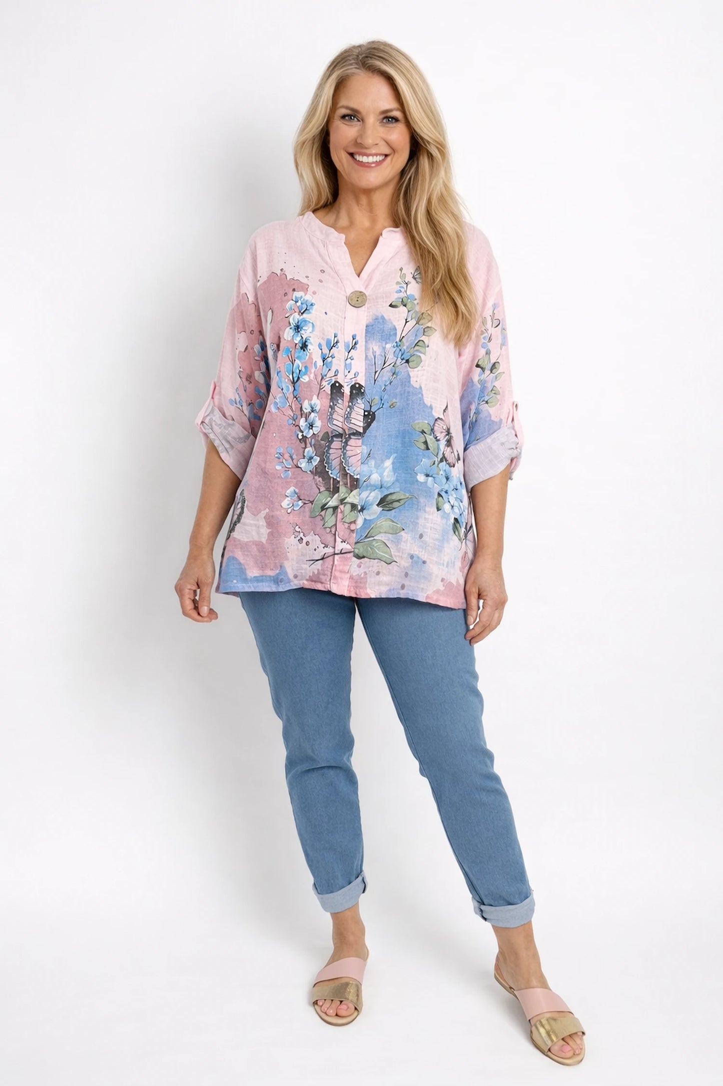 Pure Cotton Button Sleeve Button Detail Talia Shirt - Baby Pink