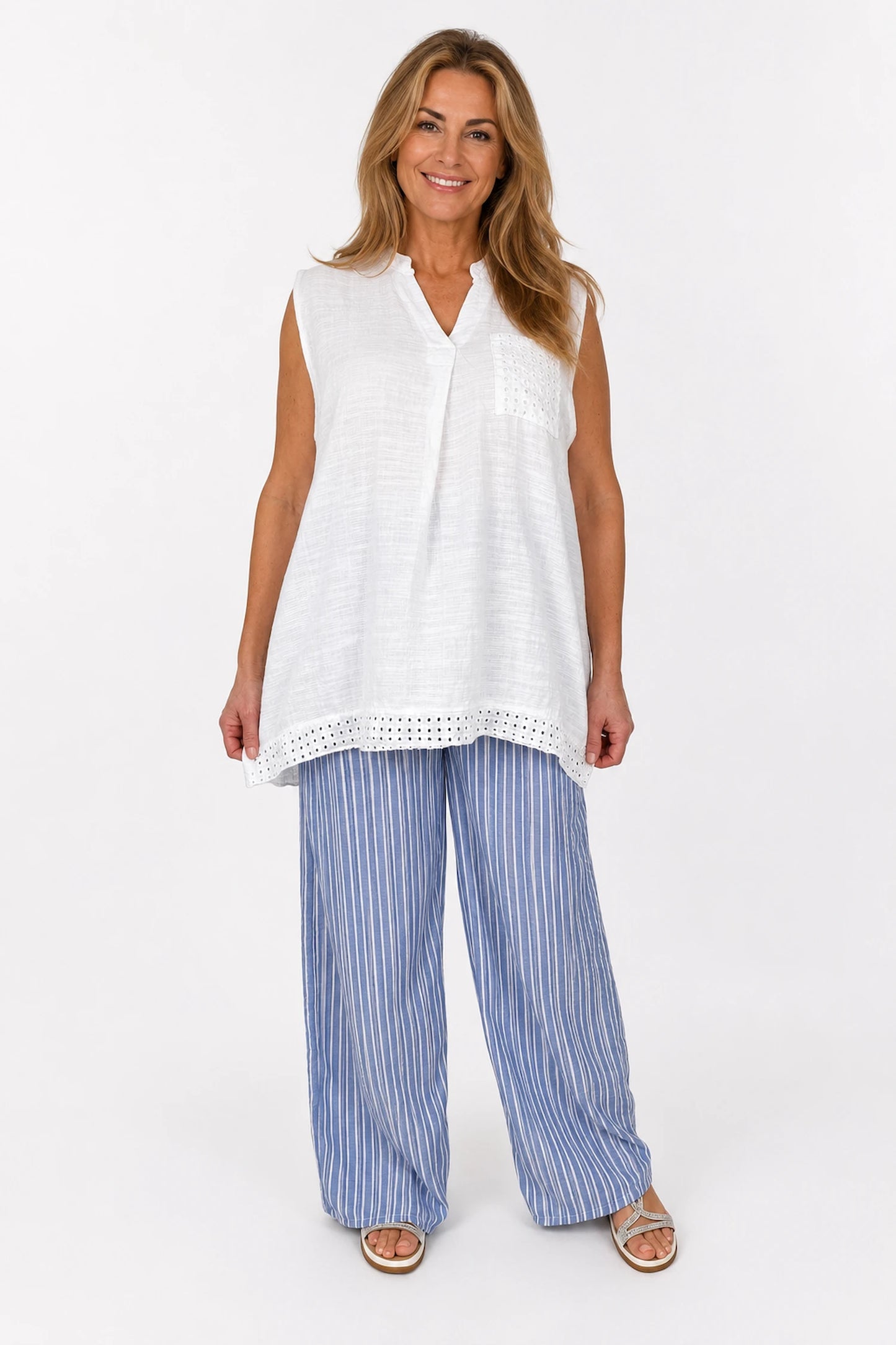 Pure Cotton Mesh Detail Rosetta Pocket Cap Sleeve Top - White