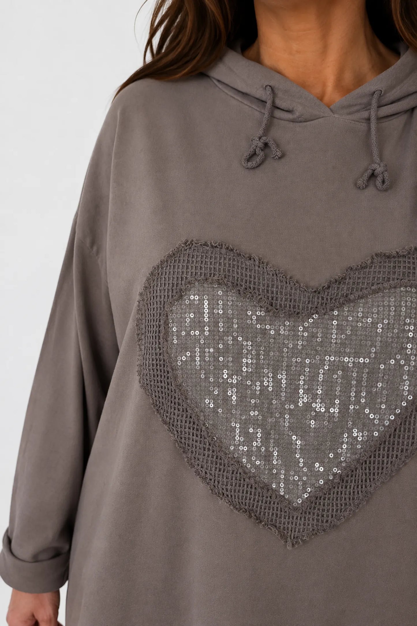 Cotton Sequin Heart Veronica Hoodie - Mocha