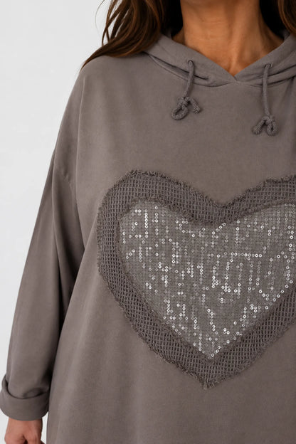 Cotton Sequin Heart Veronica Hoodie - Mocha
