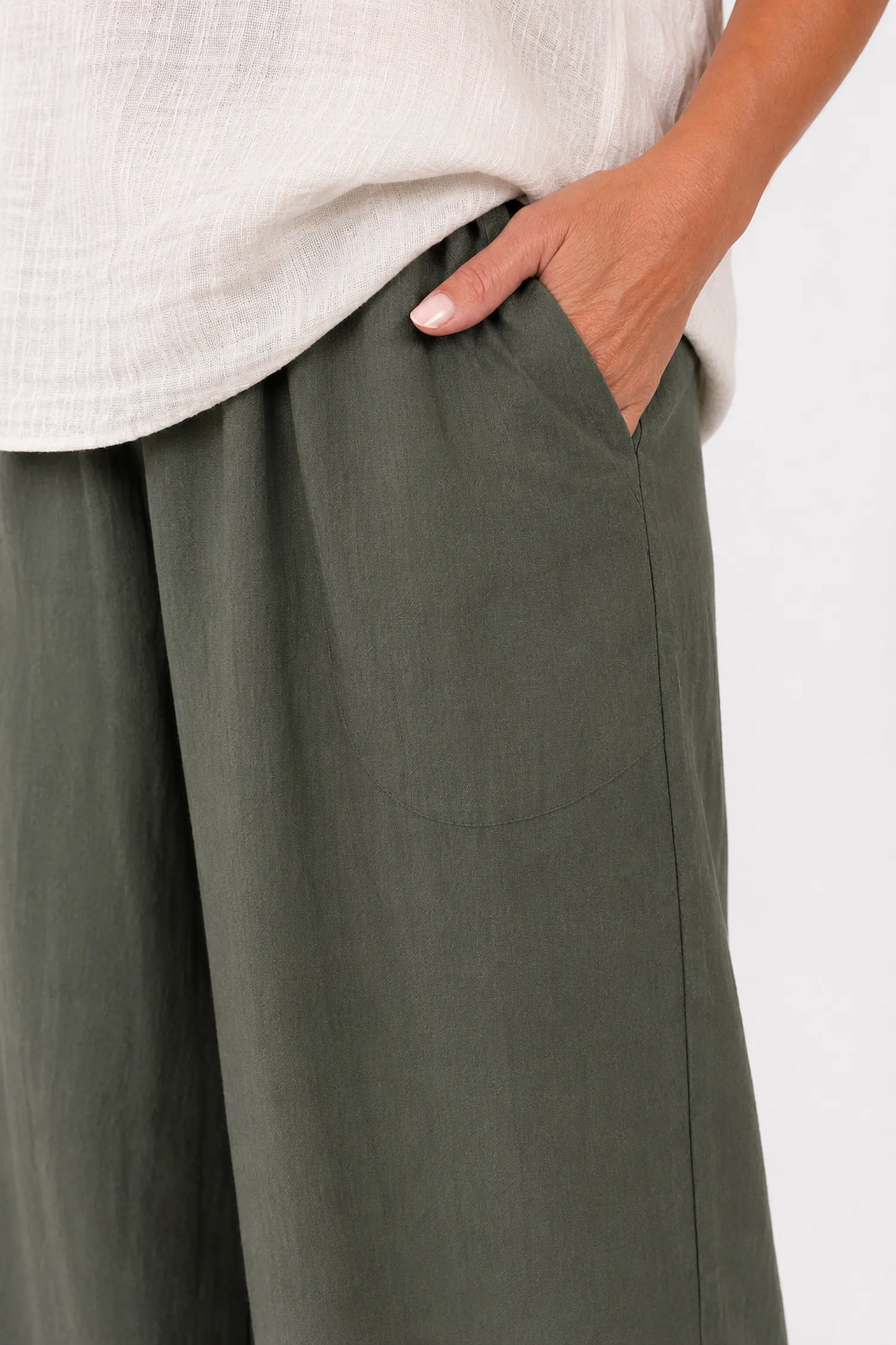 Elasticated Smocked Waist Patch Pocket Milan Wide Leg Pants - Khaki