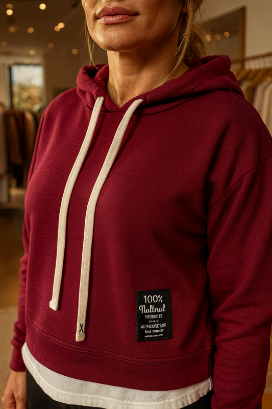 Two In One Effect Badge Detail Carla Hoodie - Wine Red