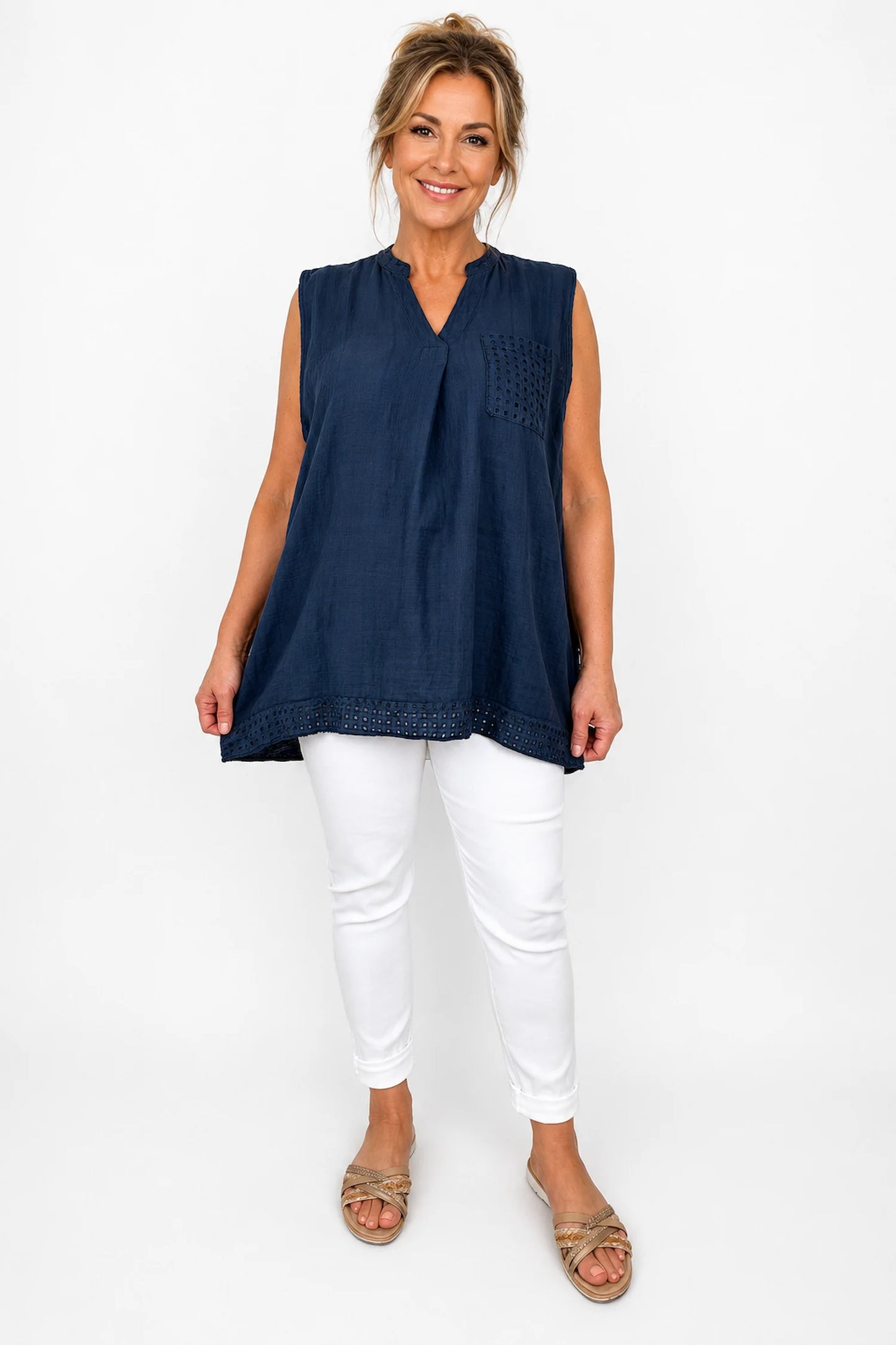 Pure Cotton Mesh Detail Rosetta Pocket Cap Sleeve Top - Navy