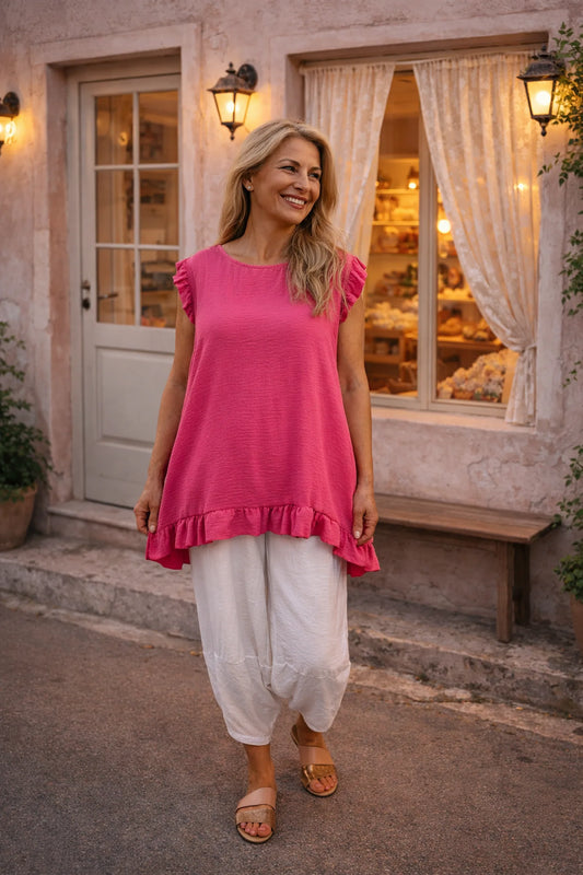 Button Back Cara Frill Top - Lipstick Pink