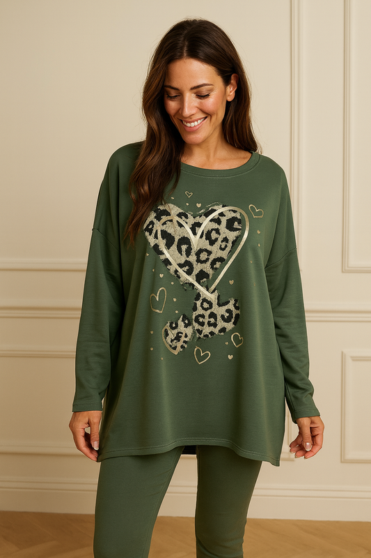 Ella Leopard Heart Light weight Sweatshirt - Khaki