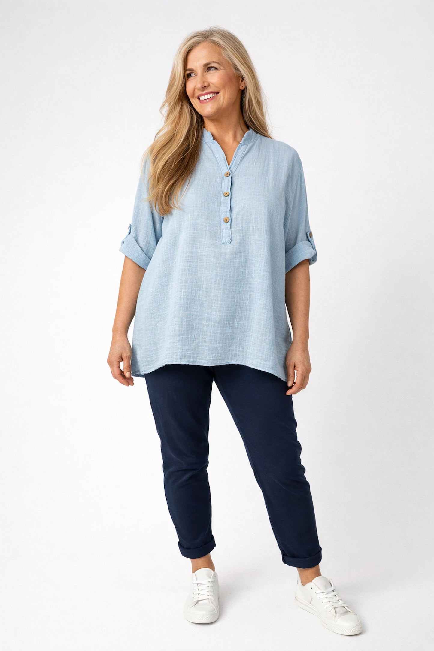 Linen Look Pure Cotton Button Sleeve Diana Button Shirt - Light Denin